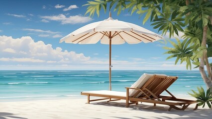 Romantic Beach Sunset with Lounge Chairs and Umbrella – Tropical Oceanfront Escape