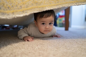 Adorable child peeking from under a rug.