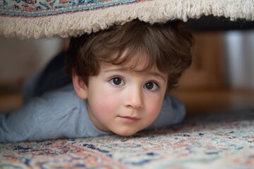 Young boy with curly hair peeking from underneath a rug.