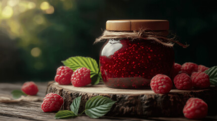 a jar of raspberry jam with a rustic lid on a wooden table, surrounded by fresh raspberries and green leaves, with golden sunlight behind it, soft bokeh forest background, cozy rural atmosphere, shall