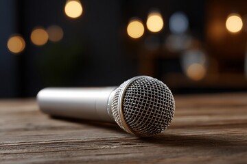 Obraz premium Microphone on wooden table, warm lighting