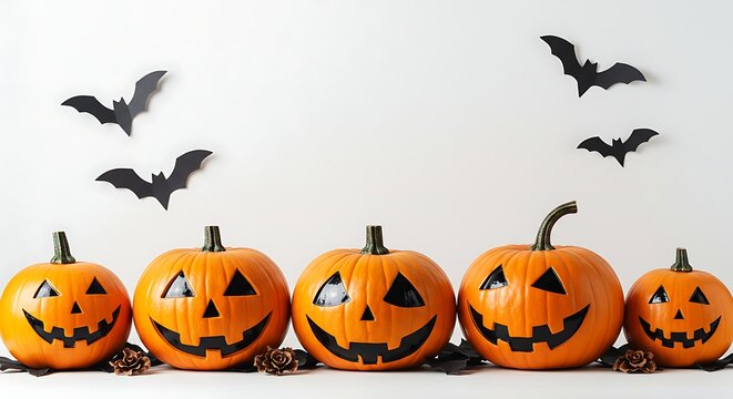 Festive Halloween Jack O Lanterns with Bats on White Background Ready for Autumn Decoration