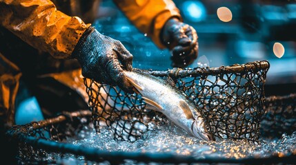 Fishing Action Scene of Catching Salmon in a Rustic Dock Environment