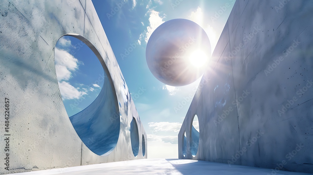 Poster concrete architectural structure with circular openings and a spherical sun