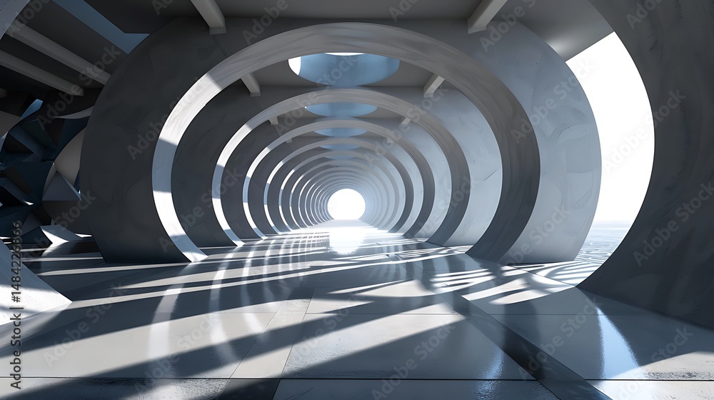 Poster concrete tunnel structure with circular designs and bright light in distance
