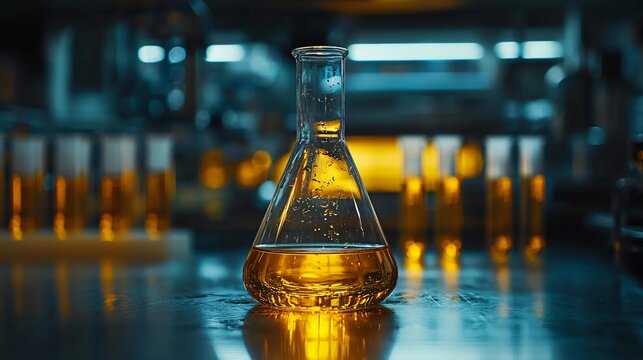 Chemical Experiment in Laboratory Science Lab Flask with Liquid Dark Environment Close-Up Innovation - Powered by Adobe