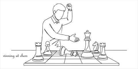 Player defeating his opponent and winning at chess continuous single line art drawing sketch on white background