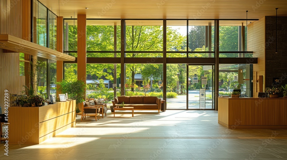 Poster light-filled modern lobby with expansive windows showcasing a serene park-like setting
