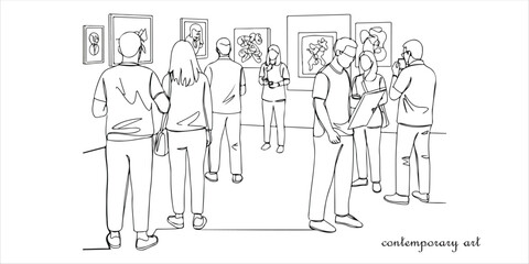 People at the contemporary art exhibition continuous single line art drawing sketch on white background