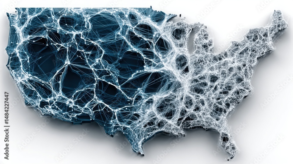 Poster united states map with network of connected lines representing ai-trained underbanked population sca