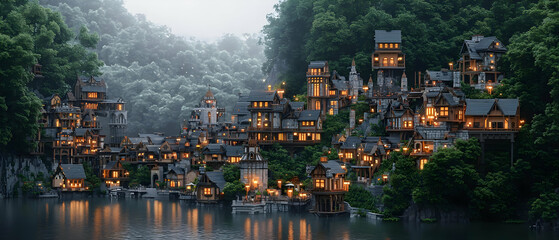 Obraz premium Pixelized Illuminated Asian Village Landscape