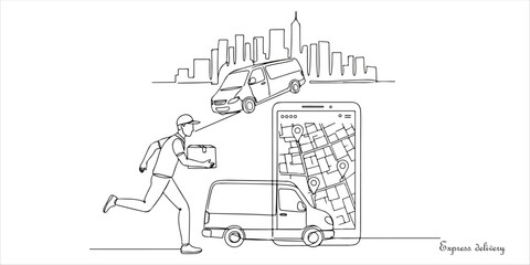 Express delivery service and delivery tracking continuous single line art drawing sketch on white background