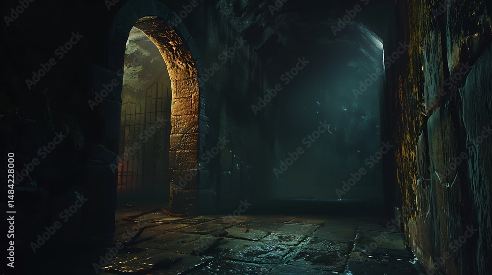 Aufkleber dark stone tunnel with light at end of passage in ancient architecture