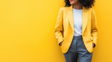 A woman in a yellow blazer and gray pants standing against a yellow background.