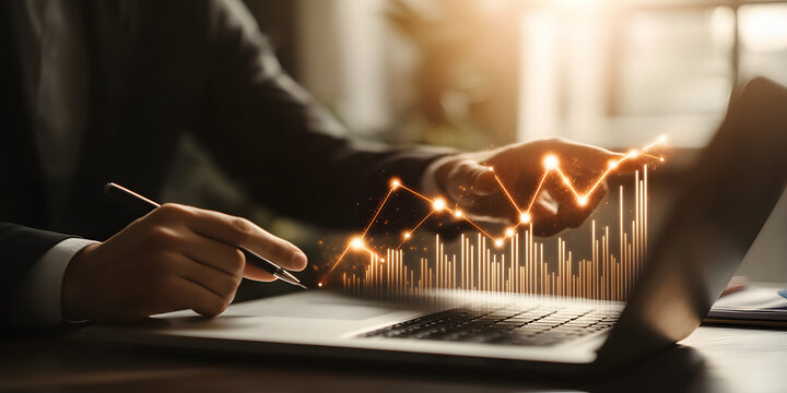 Financial Growth Analysis: Focused hands, adorned in a suit, meticulously analyze an illustrative financial graph, symbolizing business acumen and monetary expansion on a sleek laptop screen. 