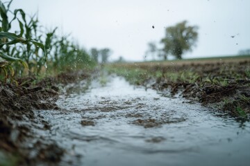 Fototapeta premium Close-up of rainwater creating ripples in a muddy field.