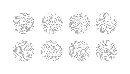 Eight circular illustrations showcasing unique wood grain textures resembling fingerprints. Line art style, black lines on white background. Abstract and simple design elements.