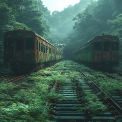 Obraz premium trains parked on tracks in the woods.