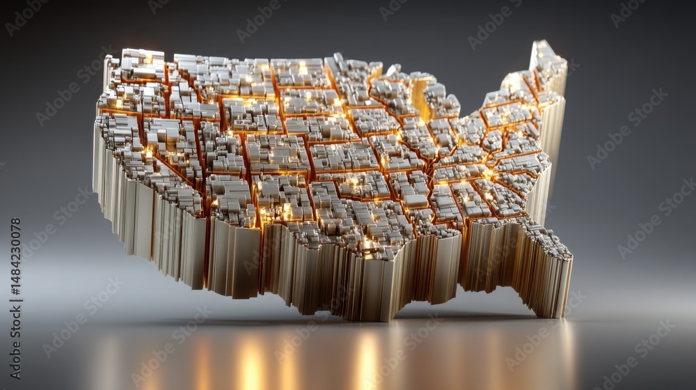 Poster united states map formed from blocks illustrating blockchain-audited urban redevelopment tracking an