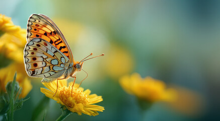 Obraz premium Beautiful spotted butterfly perched on a yellow flower on a nature background.Ai image generated;