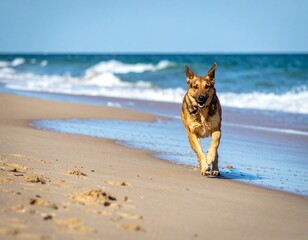 海辺の砂浜を駈ける犬（AI生成画像）
