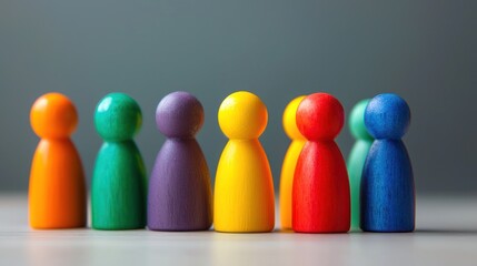 A group of colorful wooden figures standing in a row on a gray background.