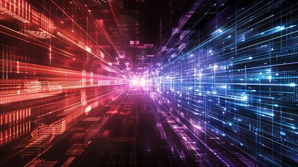 Fototapeta premium Digital Data Stream Futuristic Network Visualization with Red Blue Light in Abstract