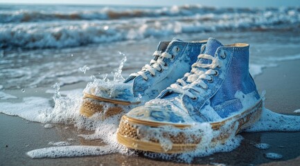 Denim high-tops submerged in ocean wave foam on sandy beach