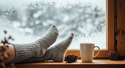 Wool socks and coffee cup near a frosty window