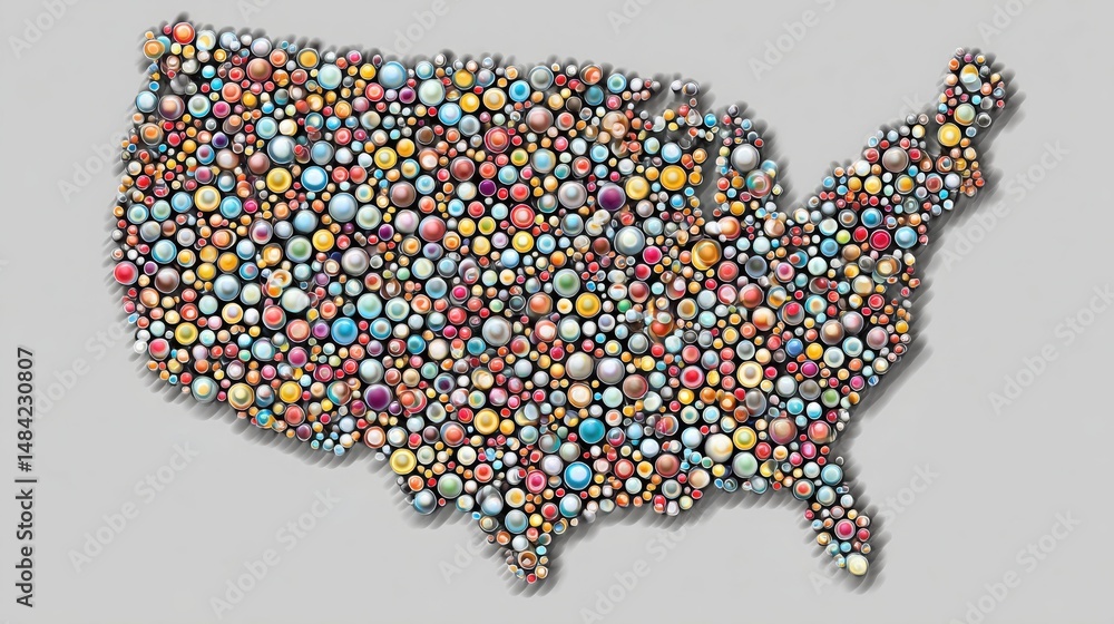 Poster united states map composed of colorful balls representing blockchain-driven local consumption feedba