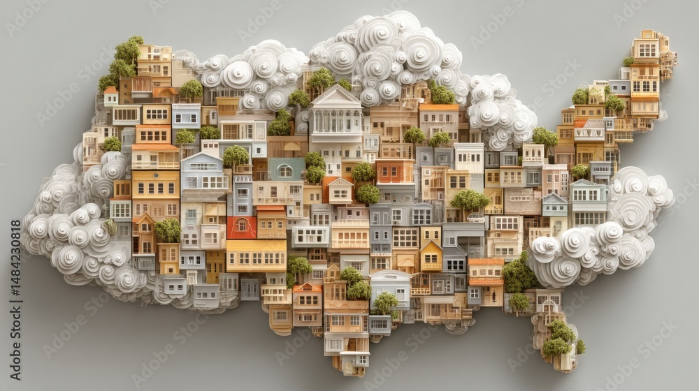 Poster cityscape map of houses forming a blockchain-enabled property ownership cloud icon representation of
