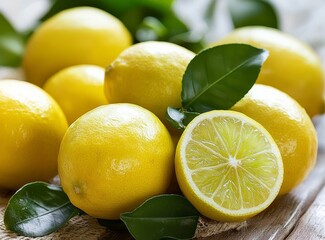 Pile of Lemons with Cut Slice Close-up Photography Composition, Citrus Fruit, Yellow, Green Leaves, Food Still Life, Healthy Eating Lemon,Citrus