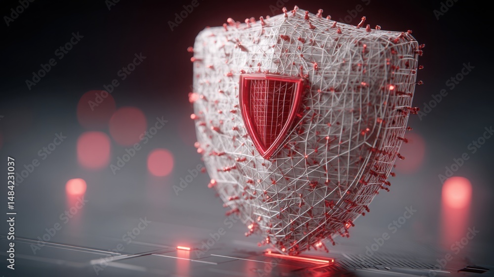 Poster computer displaying red shield symbolizing security and protection in blockchain-enforced digital tr
