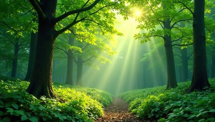 Obraz premium Serene forest background, lush green canopy, dappled sunlight filtering through leaves , spring, summer