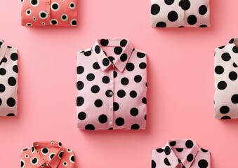Pink shirts with black polka dots arranged on a pastel background.