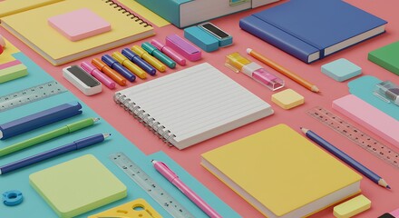 Flat lay of organized school stationery on a colorful background