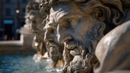 Intricate stone sculptures of mythical figures by a clear blue fountain.