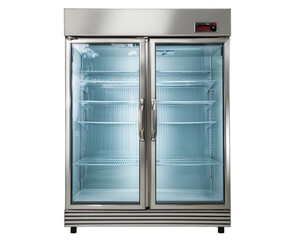 Industrial refrigerator with glass doors, designed for commercial use, featuring spacious shelves for optimal storage. Ideal for displaying beverages and perishable items in retail settings
