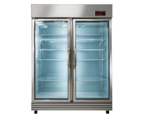 Industrial refrigerator with glass doors, designed for commercial use, featuring spacious shelves for optimal storage. Ideal for displaying beverages and perishable items in retail settings