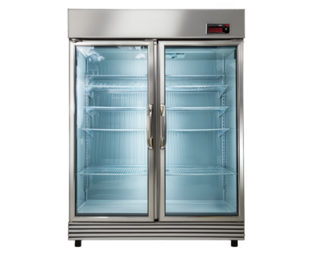 Industrial refrigerator with glass doors, designed for commercial use, featuring spacious shelves for optimal storage. Ideal for displaying beverages and perishable items in retail settings - Powered by Adobe