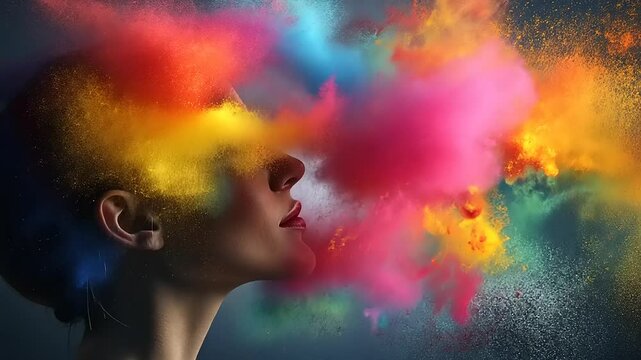 A woman in profile with vibrant colored powder exploding around her head, symbolizing creativity and imagination