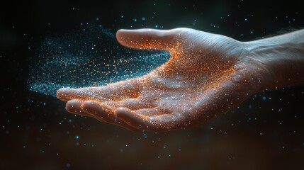 Fototapeta premium Glimmering Stardust Held in the Palm of a Hand, Digital Art Piece Depicting the Wonders of the Universe