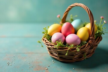 A colorful bunch of Easter eggs in a rustic basket, ready for a spring celebration , celebration, eggshell, bunny