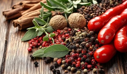 Spices and Herbs Still Life Composition of Cinnamon, Sage, Peppercorns, Nutmeg and Chili, Wooden Background, food photography, culinary. Spice