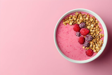 Healthy breakfast bowl garnished with berries and granola.