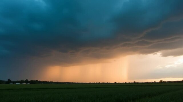 Heavy rain clouds over the field at the sunset