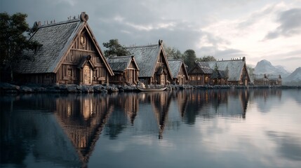 Obraz premium Tranquil lakeside settlement featuring traditional wooden architecture reflections