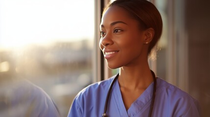 Compassionate nurse in uniform, gentle smile in healthcare setting, soft window light from right, f/2.8, blurred medical environment background 