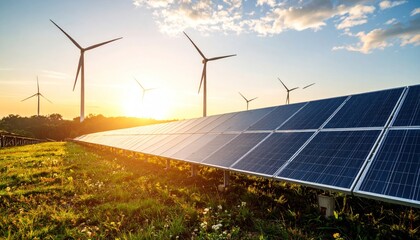 Renewable energy landscape featuring solar panels and wind turbines at sunset