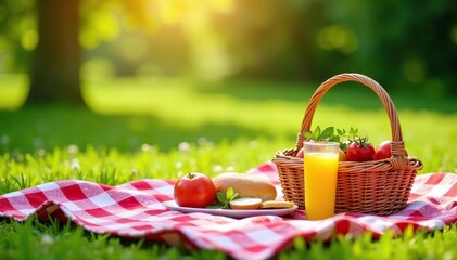 A sunny summer picnic scene with checkered blanket, food basket, and drinks , landscape, meadow, vacation